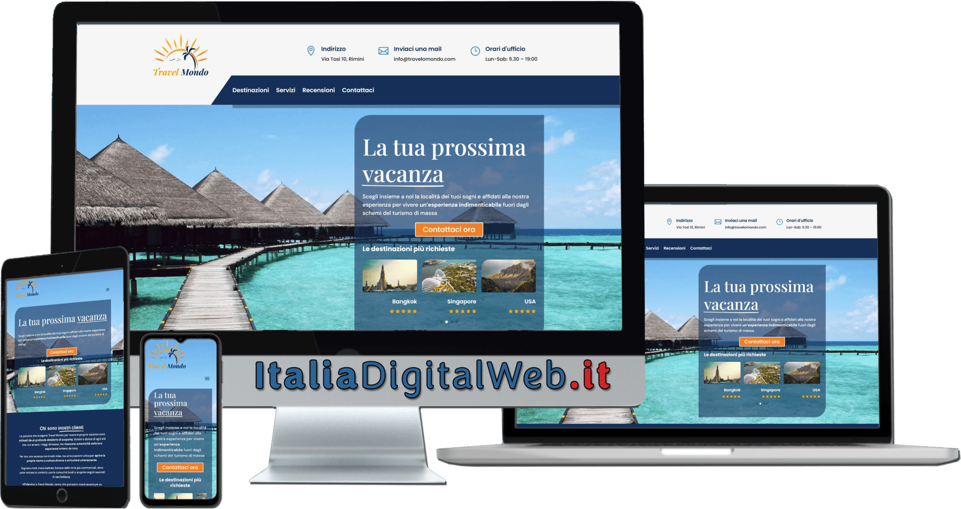 Vista del sito template Agenzia Viaggi (Pacchetto Basic) su diversi dispositivi Visita il sito template cliccando su questa foto