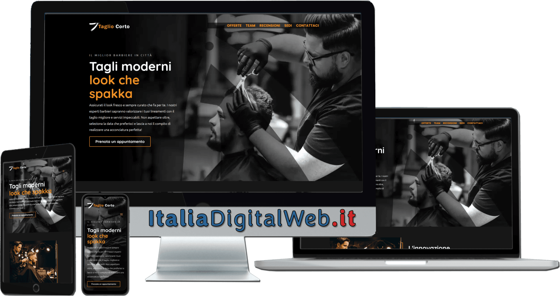 Vista del sito template Barbiere (Pacchetto Basic) su diversi dispositivi Visita il sito template cliccando su questa foto
